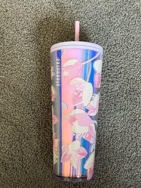 Starbucks 2024 Cherry Blossom cold tumbler, iridescent with Pink Straw. 24 oz.
